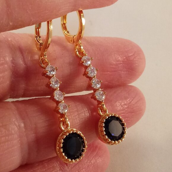 18K Yellow Gold Filled Sapphire Navy Blue White Diamond Zircon Dangle Earrings - Picture 4 of 5